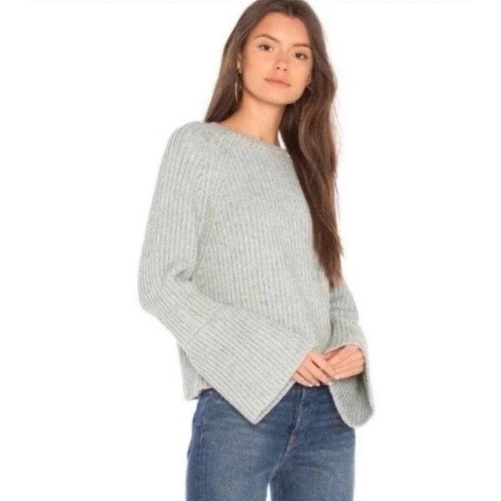 John + Jenn Alpaca Blend Ribbed Bell Sleeve Pullover Sweater Blue Gray Medium M